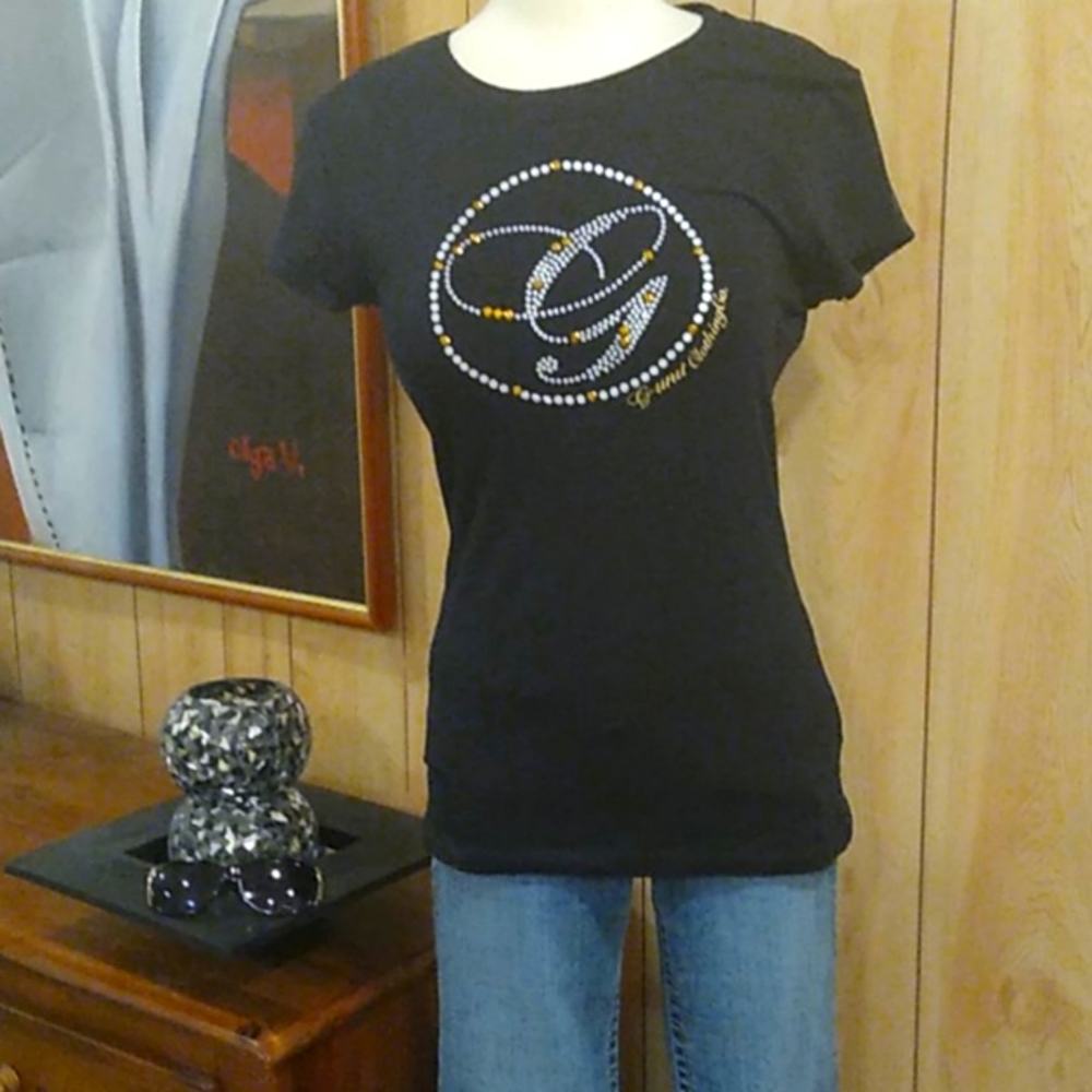 Black t-shirt with silver and gold embellishment